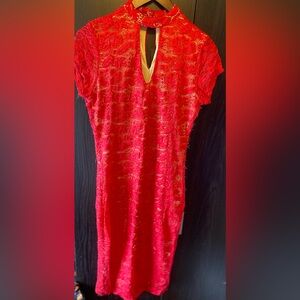 Joe & Elle Red Lace Cheongsam-Style Dress